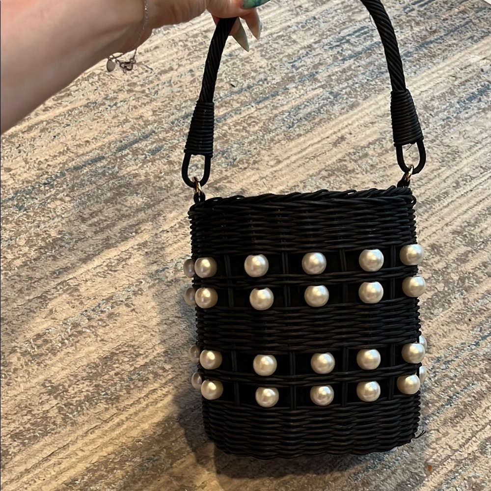 Kate Spade Elegant Black Pearl-Embellished Woven Bag